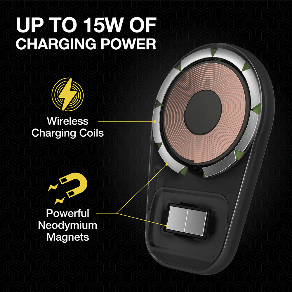 up to 15 watts of charging power. Features wireless charging coils and powerful Neodymium magnets