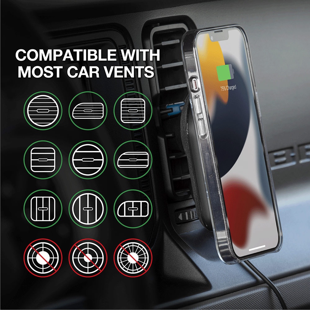 Compatible with most vertical or horizontal car vents but not circular