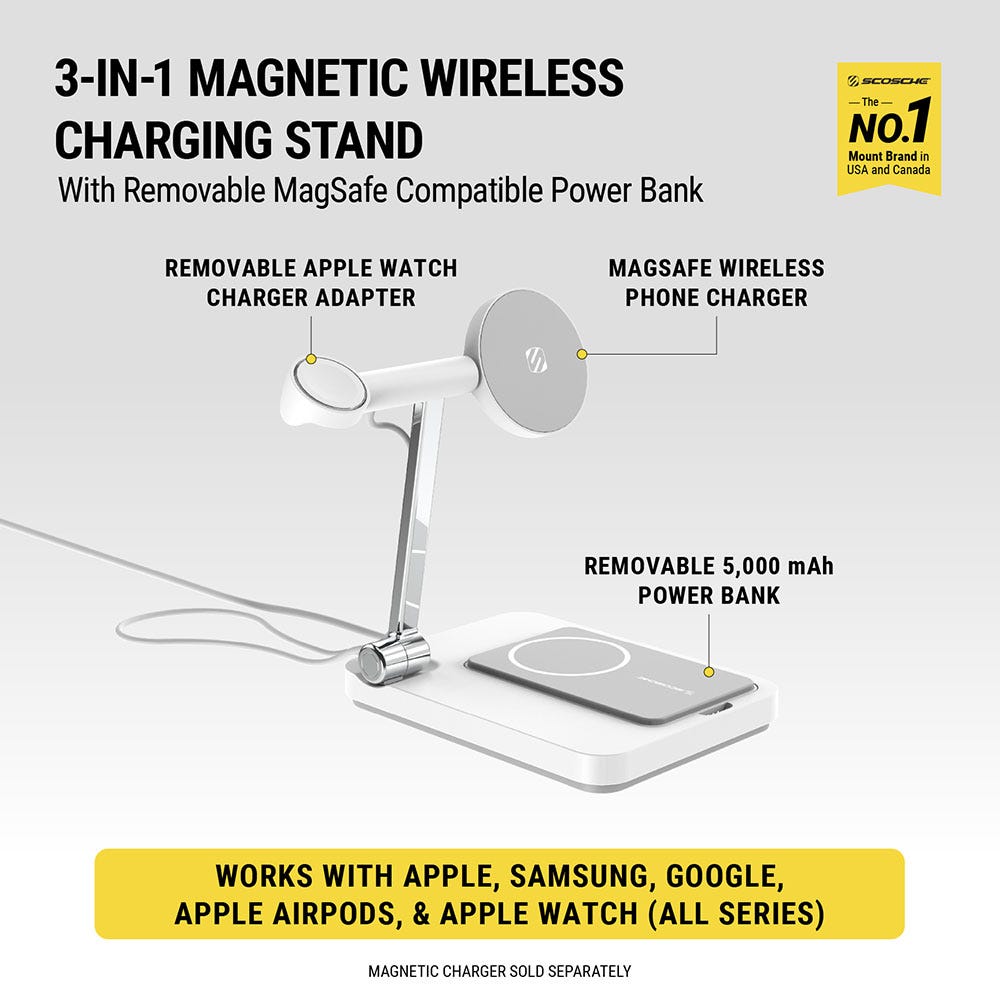 3-in-1 Magnetic Wireless Charging Stand with removable MagSafe compatible power bank. Removable Apple Watch charger adapter MagSafe wireless phone charger Removable 5 000mAh power bank. Works with Apple Samsung Google Apple Airpods Apple watch (all