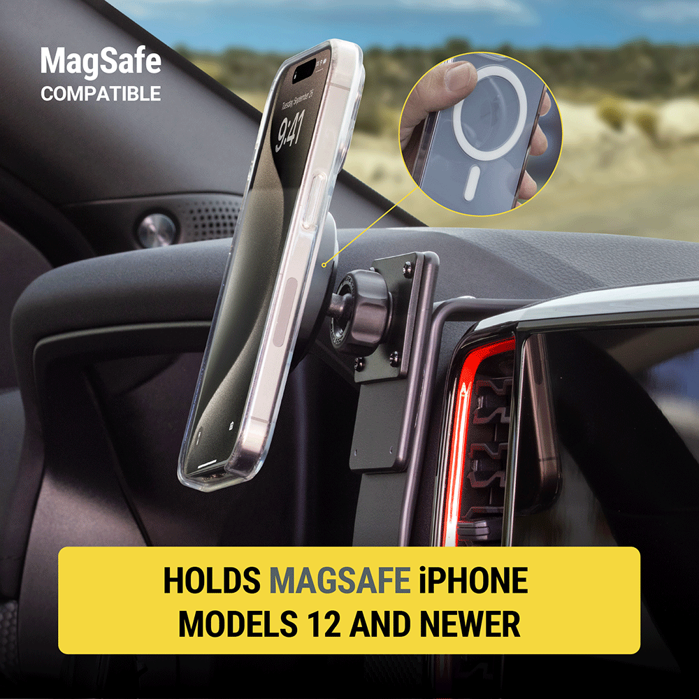 MagSafe compatible. Holds MagSafe iphone models 12 and newer.