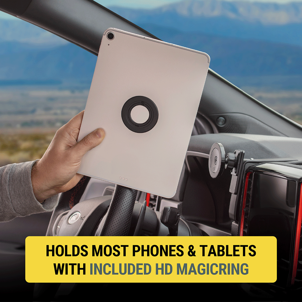 Holds most phones and tablets with included HD MagicRing.