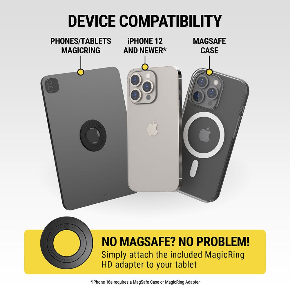 Phone compatibility: other phones/tablets + MagicRing iphone 12 and newer (iPhone 16e requires MagSafe case or MagicRing adapter) MagSafe case. No MagSafe? No Problem! Simply attach the included HD MagicRing adapter to your tablet.
