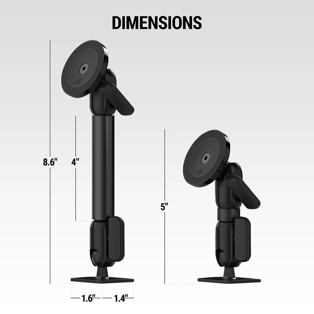 Dimensions. With 4 inch arm extension measures 8.6 inches overall. Measures 5 inches tall overall with short arm. Base measures 1.6 inches by 1.4 inches.