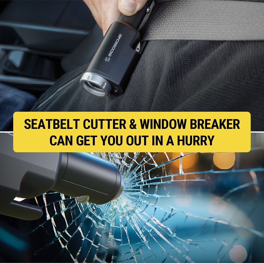 Seatbelt cutter and window breaker can get you out in a hurry.