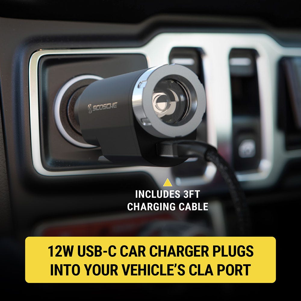 Includes 3 ft. charging cable. 12W USB-C charger plugs into your vehicle's CLA port.