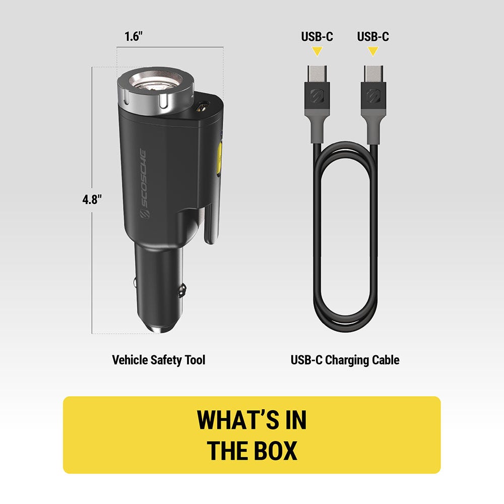 What's in the box - vehicle safety tool (measures 4.8 deep 1.6" wide) and USB-C charging cable"