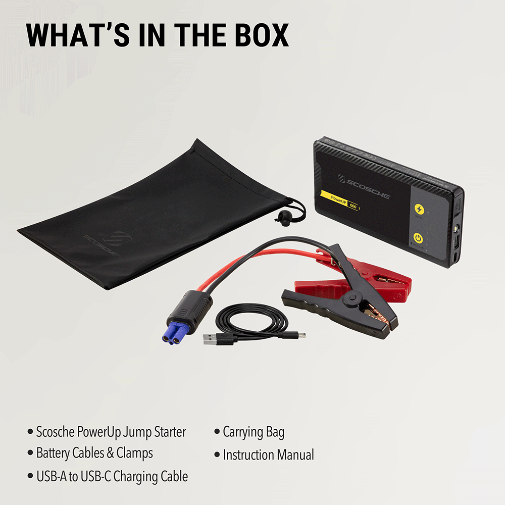 What's in the box: Scosche PowerUp jumper starter battery cables & clamps USB-A to USB-C charging cable carrying bag instruction manual