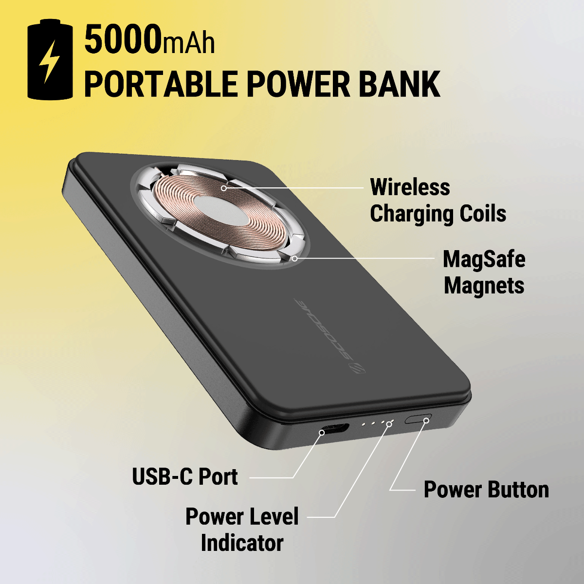 5000mAh portable power bank. Features wireless charging coils MagSafe magnets USB-C port power level indicator and power button.