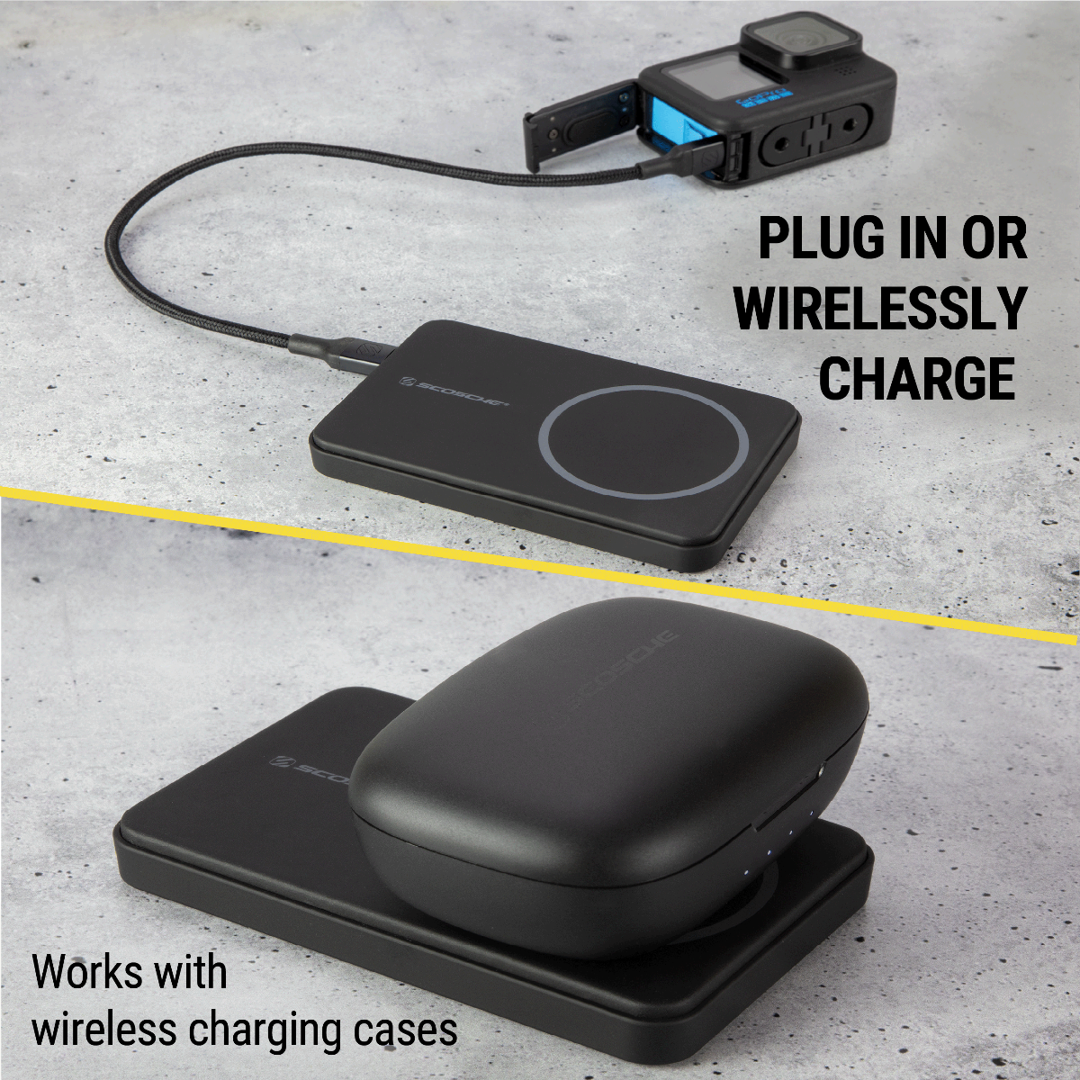 Plug in or wirelessly charge. Works with wireless charging cases.