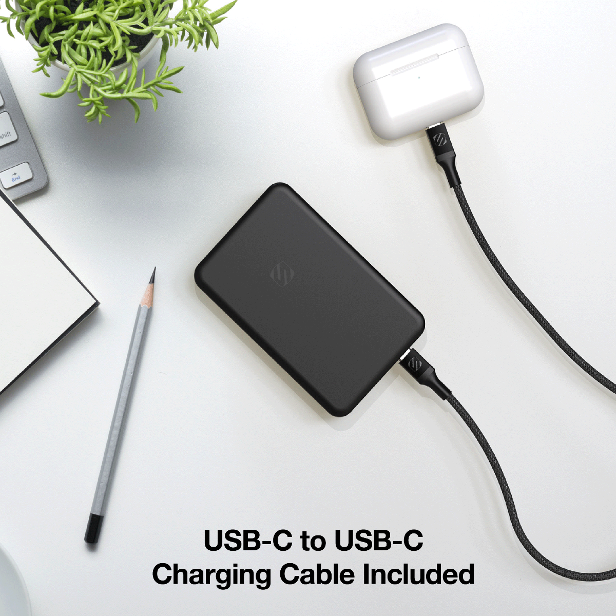USB-C to USB-C charging cable included.