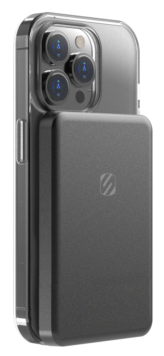 Magnetic Wireless Charging Power Bank attached to iphone side view