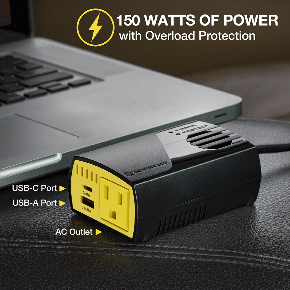 150 watts or power with overload protection - USB-C Port USB-A port AC Outlet