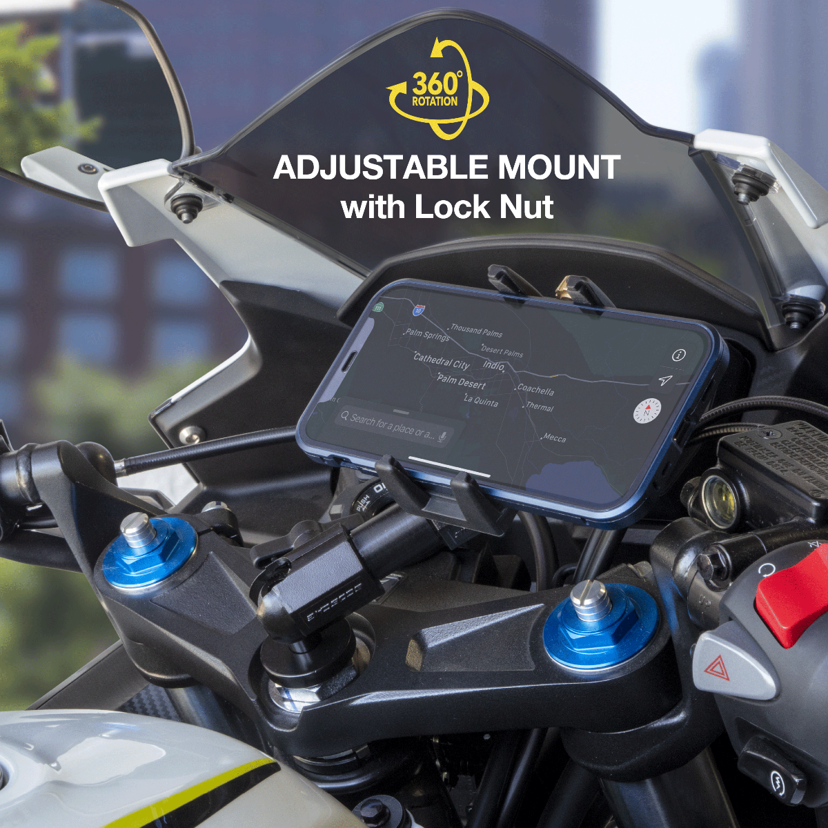 TerraClamp™ Fork Stem Device Mount features 360° rotation. Adjustable mount with lock nut.