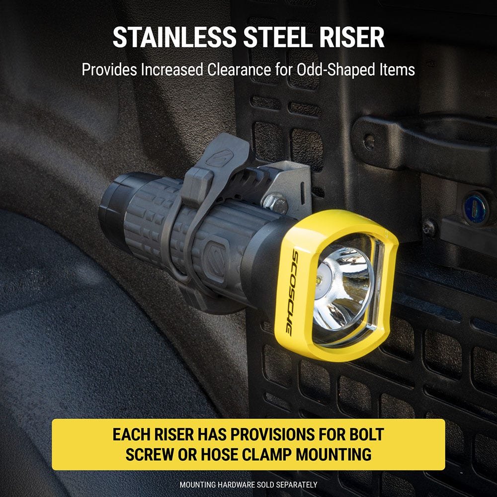 Stainless steel riser. provides increased clearance for odd-shaped items. Each riser has provisions for bolt screw or hose clamp mounting. Mounting hardware sold separately.