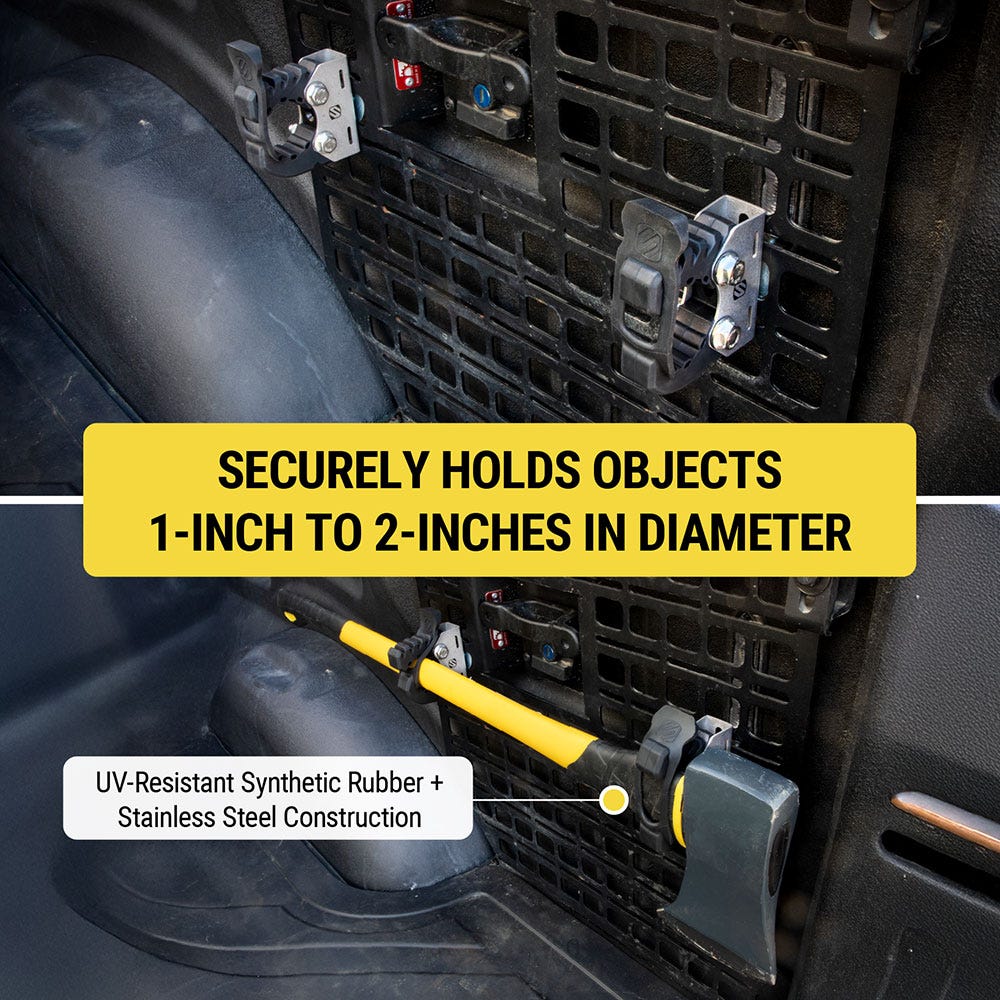 Securely holds objects 1 inch to 2 inches in diameter. UV-resistant synthetic rubber and stainless steel construction.