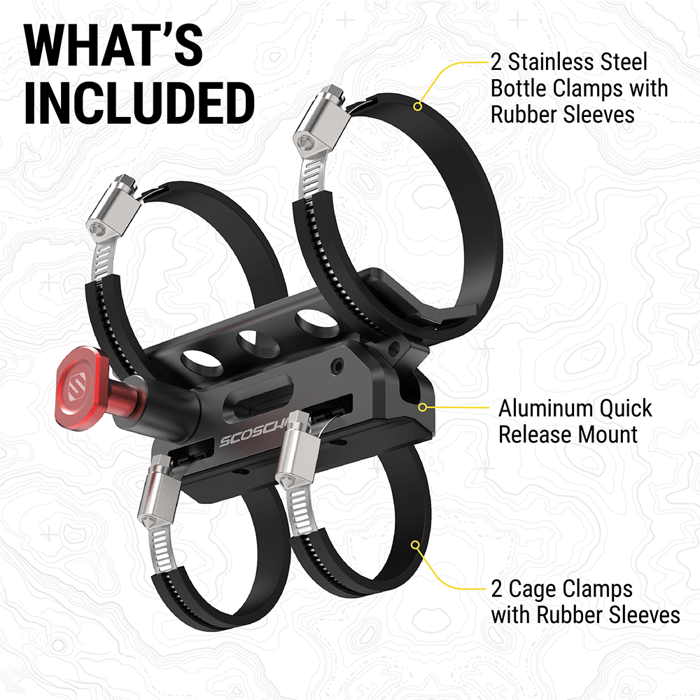 What's included: 2 stainless steel bottle clamps with rubber sleeves aluminum quick release mount 2 cage clamps with rubber sleeves