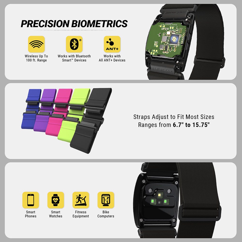 Precision biometrics. Wireless up to 100 foot range. Works with Bluetooth Smart devices. Works with all ANT+ devices. Straps adjust to fit most sizes ranges from 6.7 to 15.75". Smart phones smart watches fitness equipment bike computers"