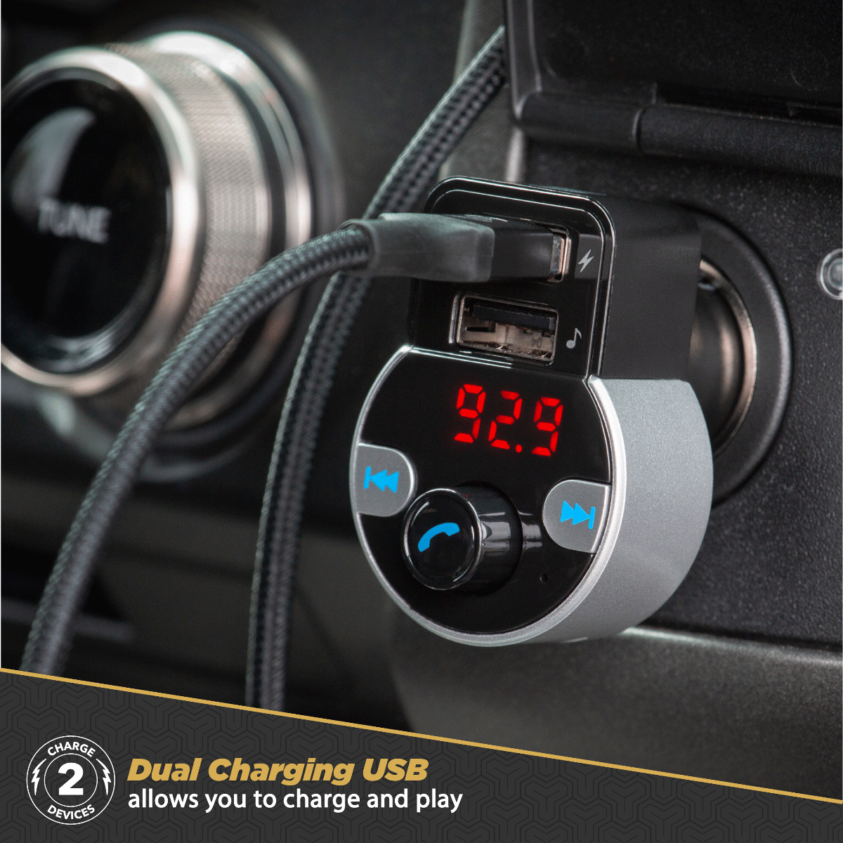 Dual charging USB allows you to charge and play.