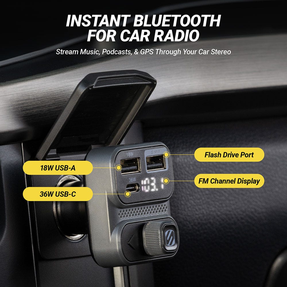 Instant Bluetooth for car radio .Stream music podcasts and GPS through your car stereo. 18W USB-A. 36W USB-C. Flash drive port. FM channel display.