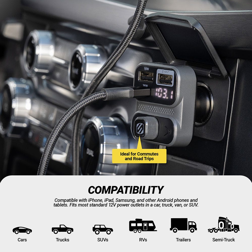 Ideal for commutes and road trips. Compatible with iPhone iPad Samsung and other Android pone and tablets. Fist most standard 12V power outlets in car truck van or SUV.