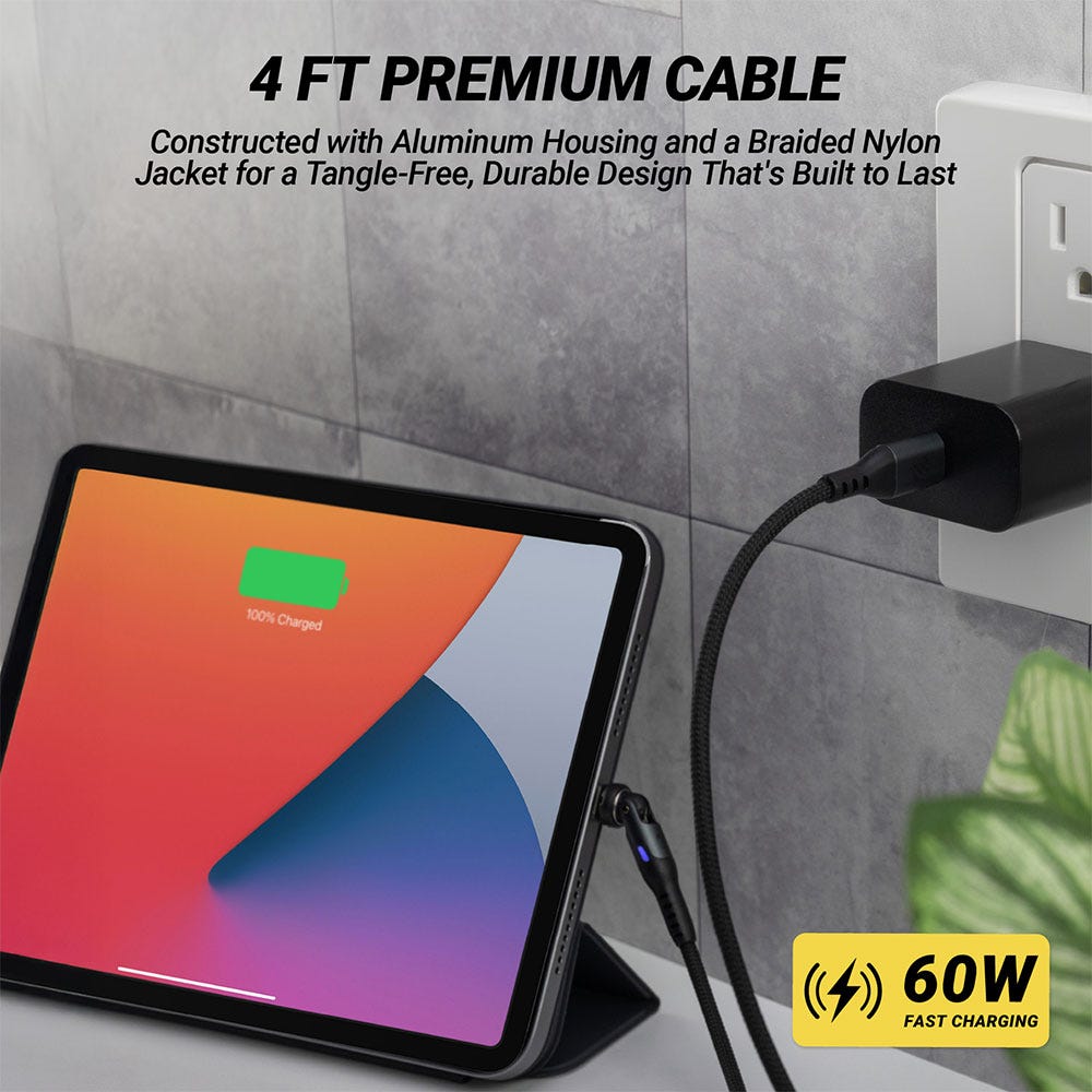 4 FT PREMIUM CABLE. Constructed with Aluminum Housing and a Braided Nylon Jacket for a Tangle-Free Durable Design That's Built to Last. 60W fast charging