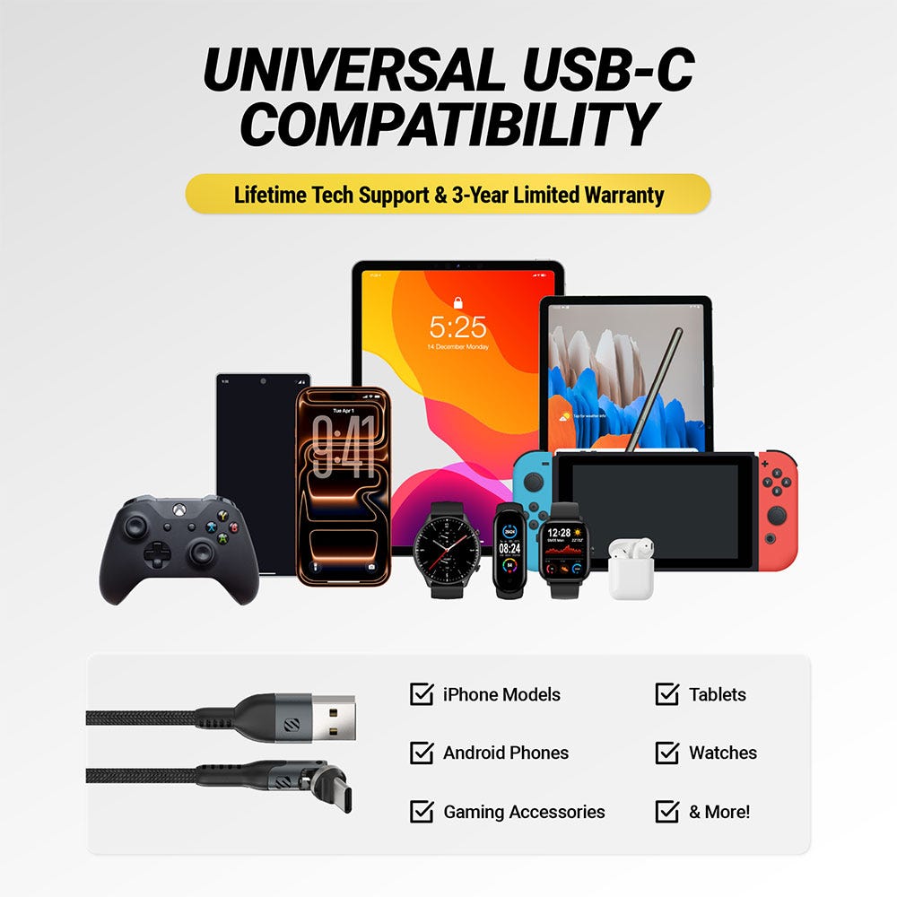Universal USB-C Compatibility. Lifetime tech support and 3 year limited warranty. iPhone models Android phones gaming accessories tablets watches and more