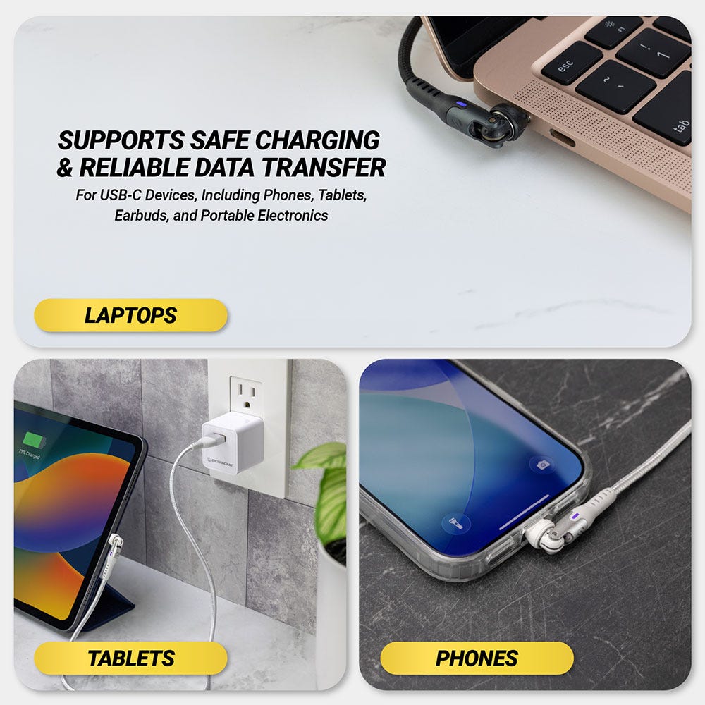 SUPPORTS SAFE CHARGING & RELIABLE DATA TRANSFER. For USB-C Devices Including Phones Tablets Earbuds and Portable Electronics. Laptops tablets and phones.