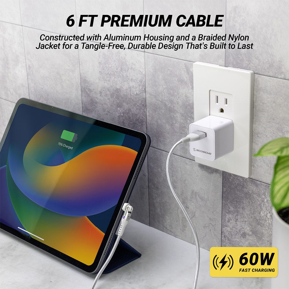 6 FT PREMIUM CABLE. Constructed with Aluminum Housing and a Braided Nylon Jacket for a Tangle-Free Durable Design That's Built to Last. 60W fast charging