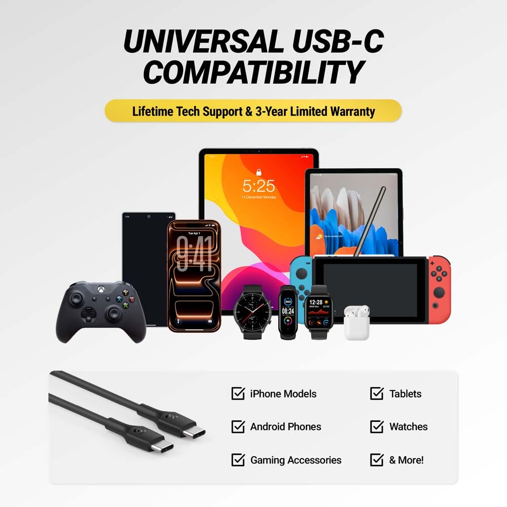 Universal USB-C compatibility. Lifetime tech support and 3 year limited warranty. iPhone Models Android Phones Gaming Accessories Tablets Watches & More!