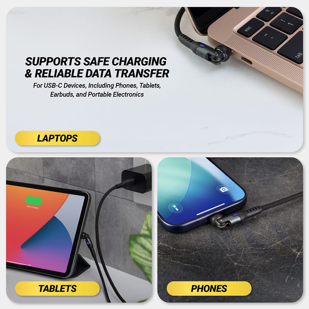 SUPPORTS SAFE CHARGING & RELIABLE DATA TRANSFER. For USB-C Devices Including Phones Tablets Earbuds and Portable Electronics. Laptops tablets and phones.