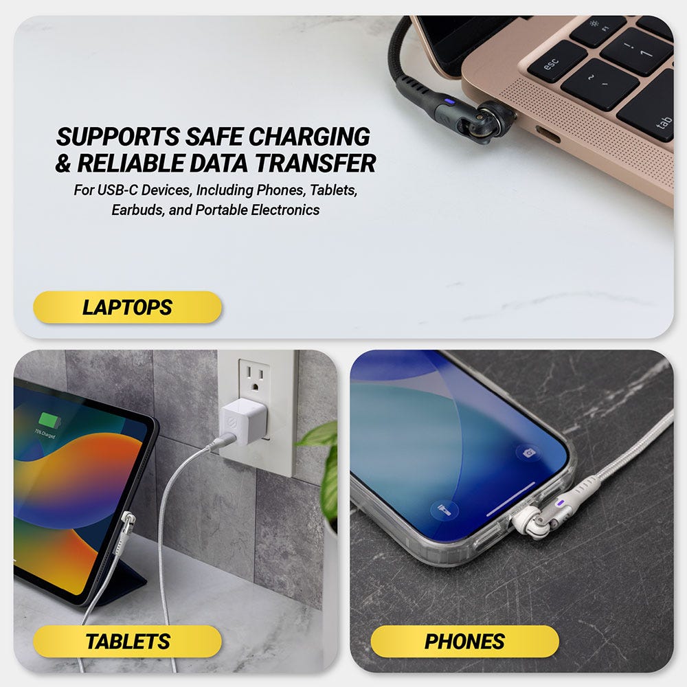 SUPPORTS SAFE CHARGING & RELIABLE DATA TRANSFER. For USB-C Devices Including Phones Tablets Earbuds and Portable Electronics. Laptops tablets and phones.