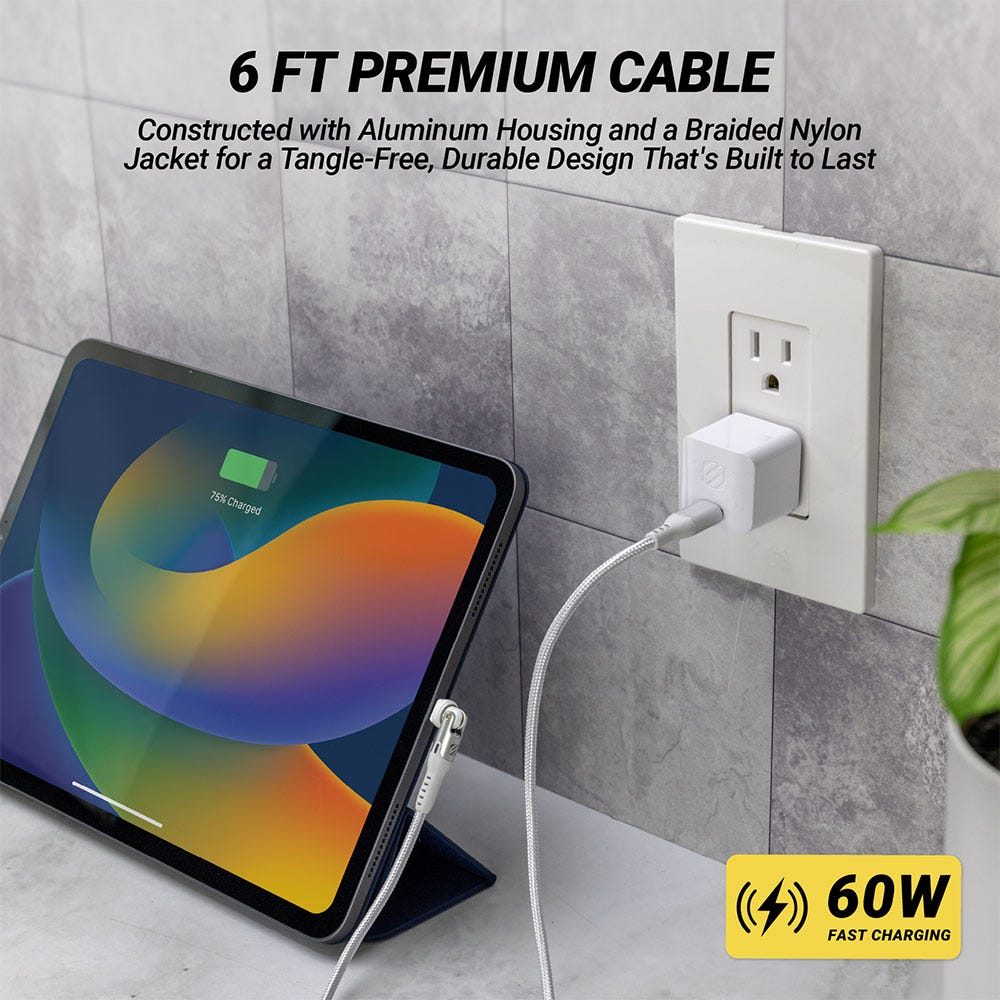 6 FT PREMIUM CABLE. Constructed with Aluminum Housing and a Braided Nylon Jacket for a Tangle-Free Durable Design That's Built to Last. 60W fast charging