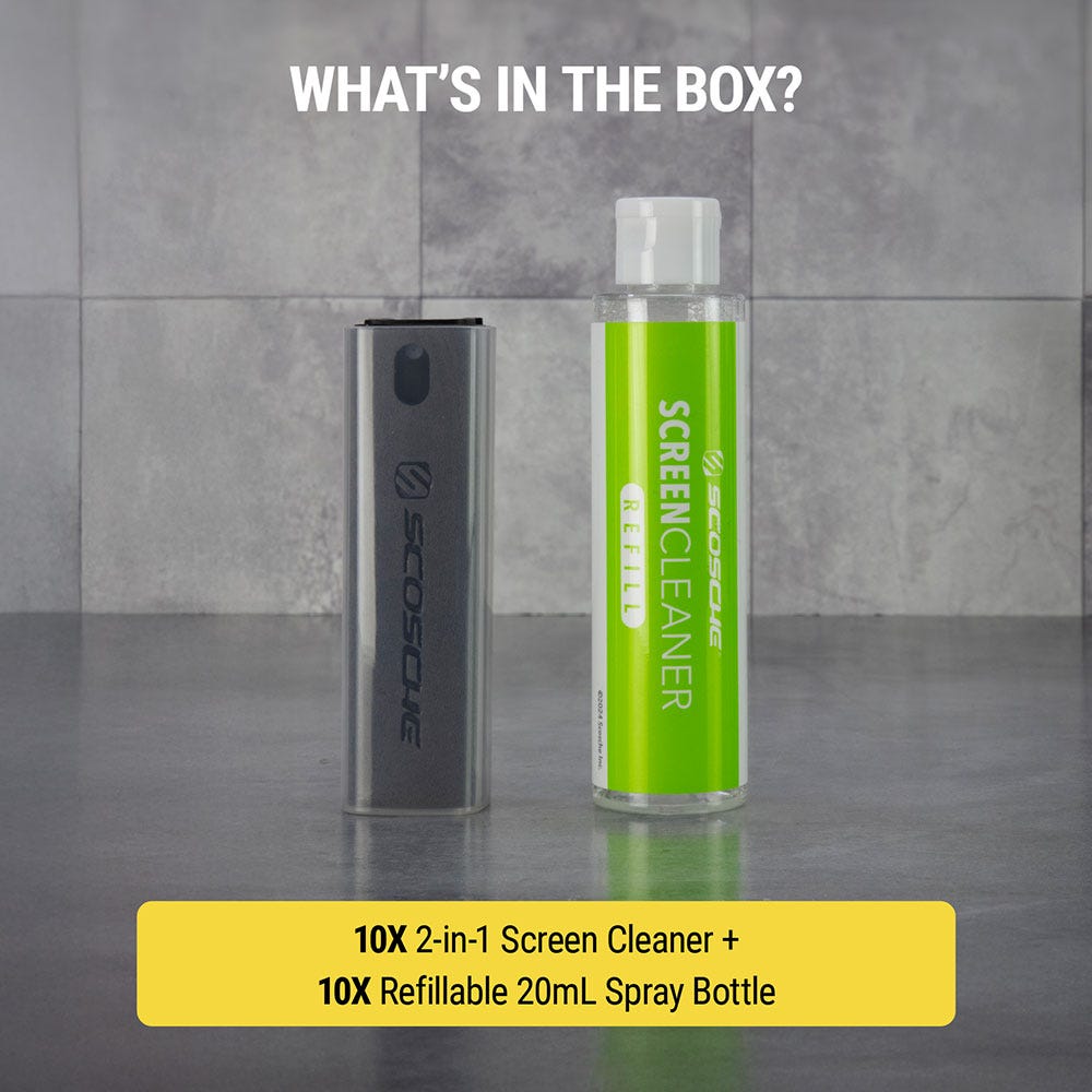 What's in the box? 10X 2-in-1 screen cleaner and 10X refillable 20mL spray bottle