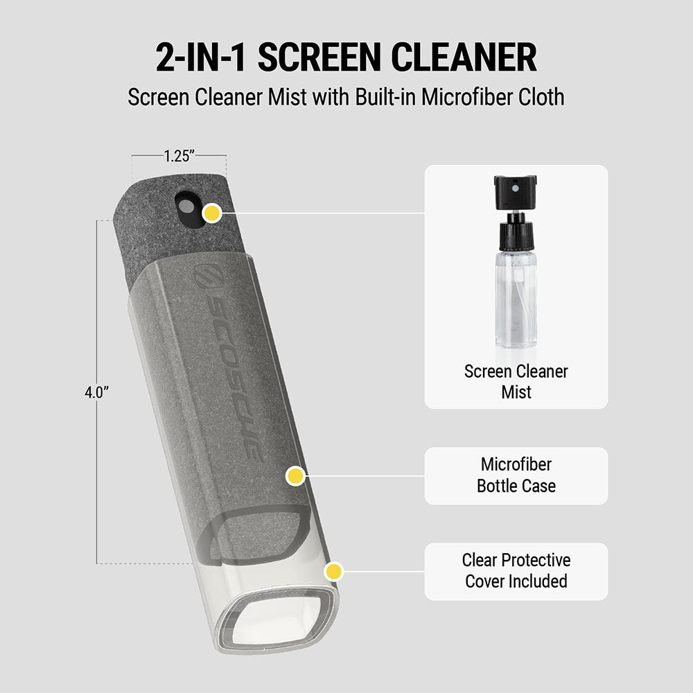 2-in-1 Screen Cleaner. Screen Cleaner Mist with Built-In Microfiber Cloth. Screen Cleaner Mist Microfiber bottle case clear protective cover included. Measures 4.0 inches by 1.25 inches.