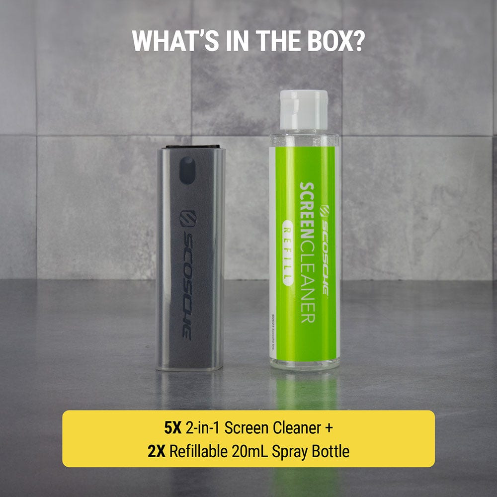 What's in the box? 5X 2-in-1 Screen Cleaner and 2X Refillable 20mL spray bottle