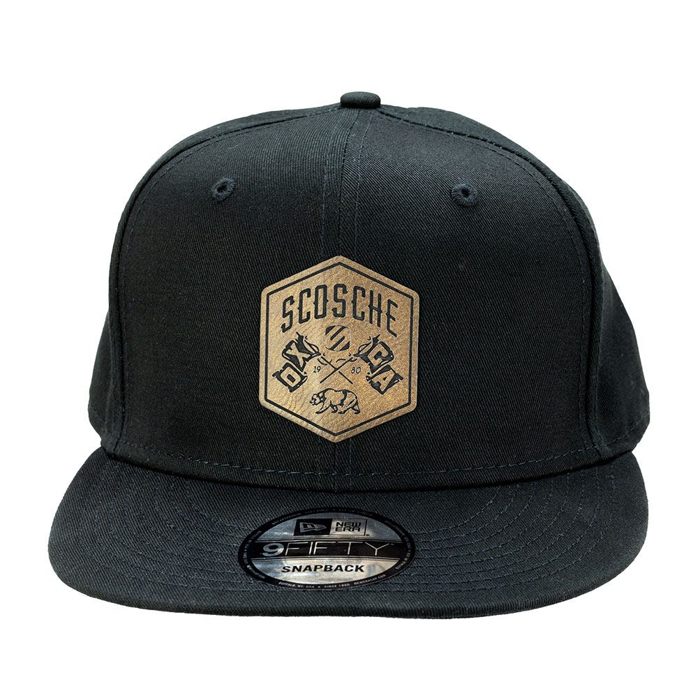 front view Embroidered Synthetic Leather Scosche Bear Logo Hat