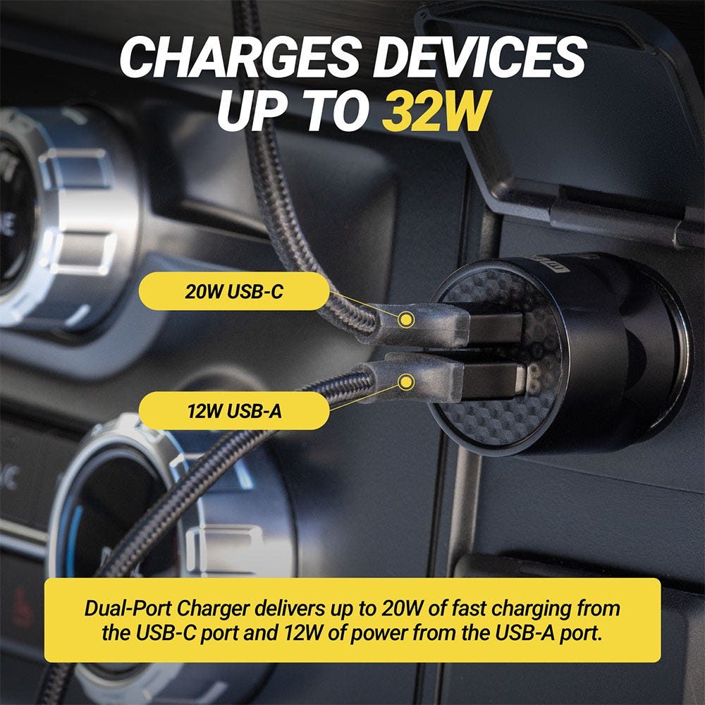 Charges devices up to 32W. 20W USB-C. 12W USB-A. Dual-Port Charger delivers up to 20W of fast charging from the USB-C port and 12W of power from the USB-A port.