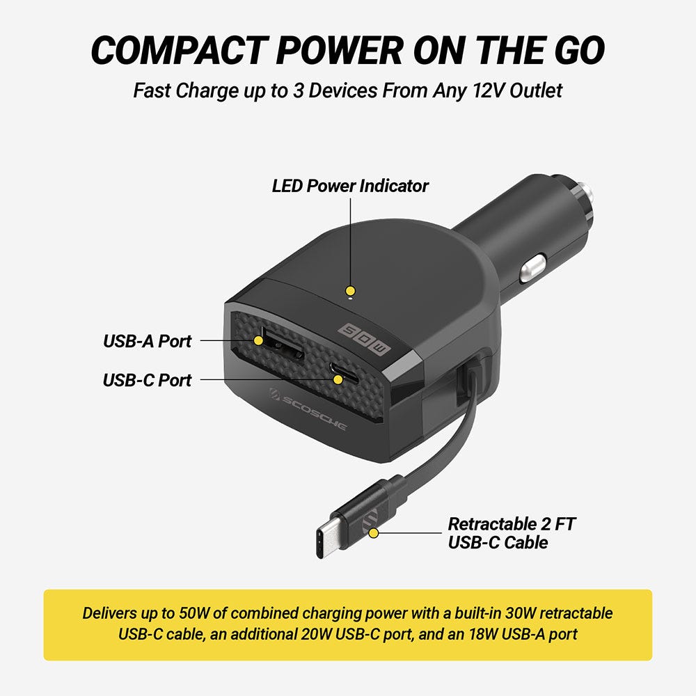 Compact Power on the Go. Fast Charge up to 3 Devices From Any 12V Outlet.LED Power Indicator USB-A Port USB-C Port and Retractable 2 FT USB-C Cable. Delivers up to 50W of combined charging power with a built-in 30W retractable USB-C cable an addition