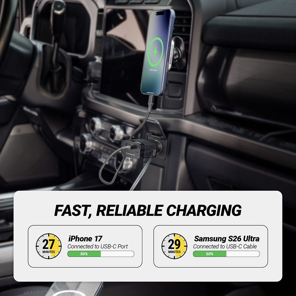 Fast Reliable Charging. Chart showing charging times: iPhone 17 is 27 Minutes (50%) Connected to USB-C Port. Samsung S26 Ultra is 29 Minutes (50%) Connected to USB-C Cable