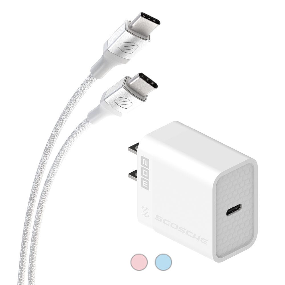 20W USB-C PD Fast Charger and 6-Ft. Braided Cable with blue and pink color swatches
