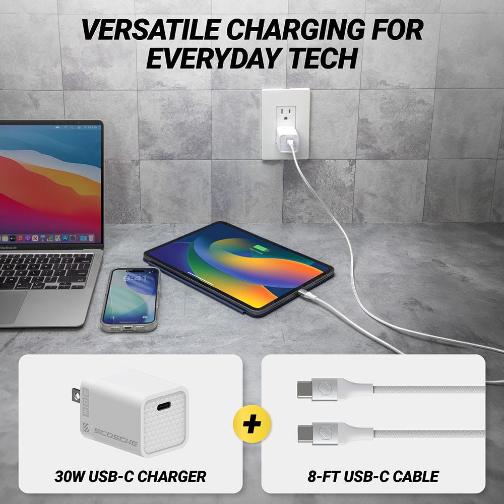 Versatile charging for everyday tech. 30 watt USB-C charger. 8 foot USB-C cable