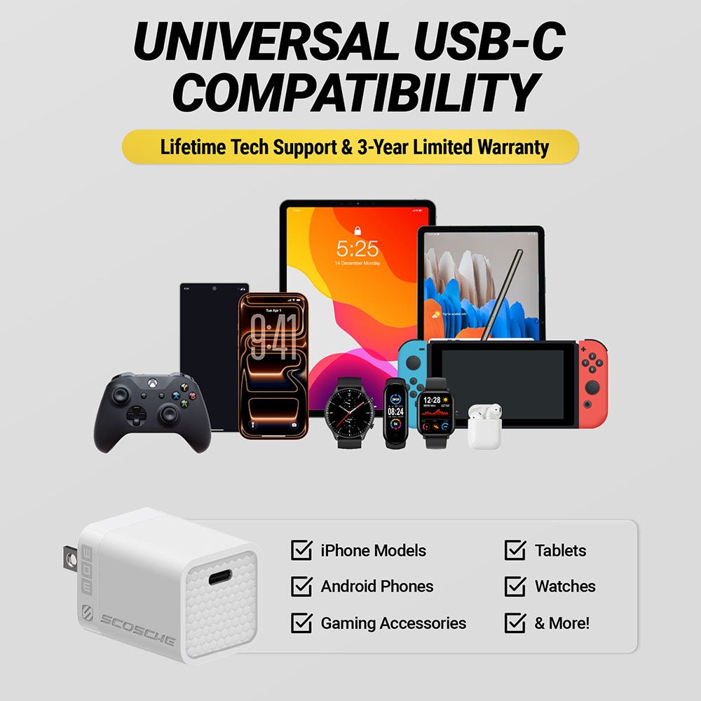 Universal USB-C compatibility. Lifetime tech support and 3 year limited warranty. iPhone models Android phones games tablets watches and more