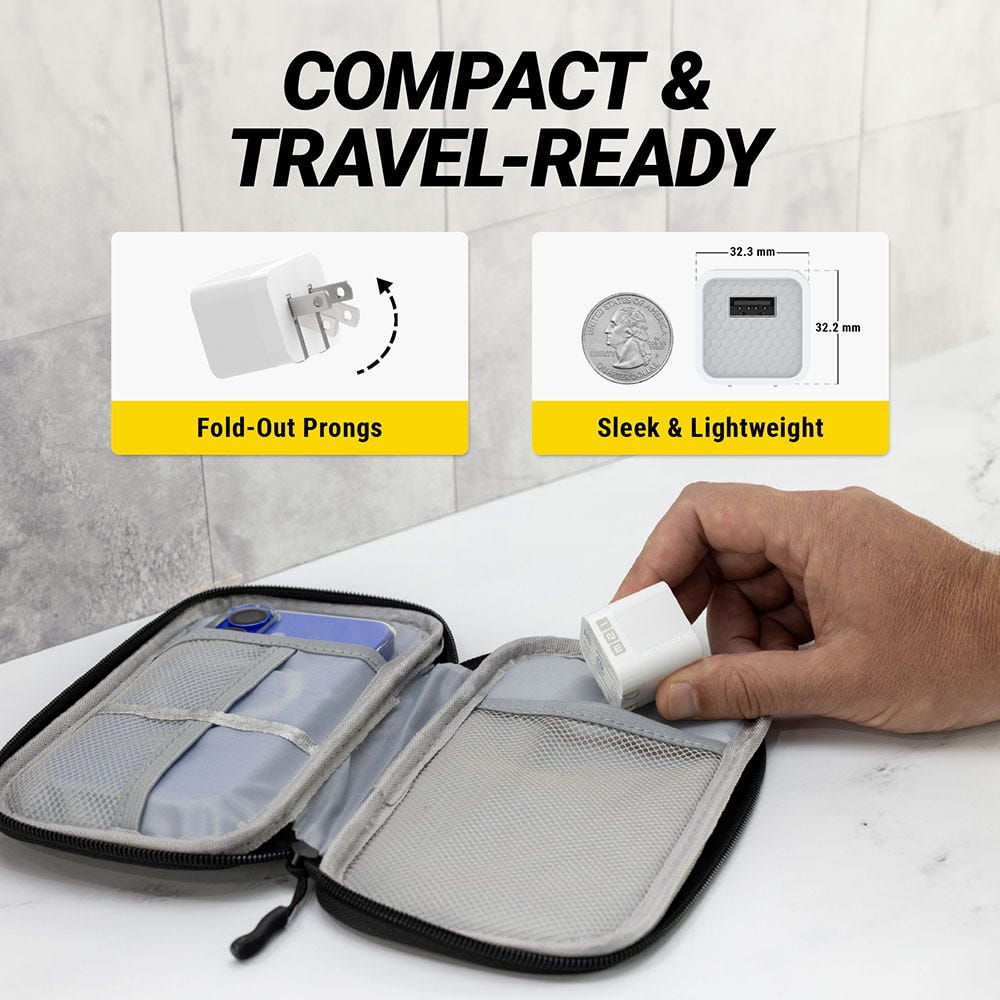 Compact and travel-ready. Fold out prongs. Sleek and lightweight. Measuring 32.3mm by 32.3 mm.