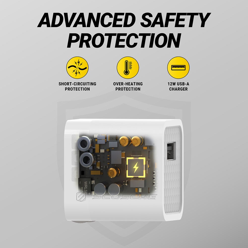 Advanced safety protection. Short-circuiting protection. Over-heating protection. 12W USB-A charger.