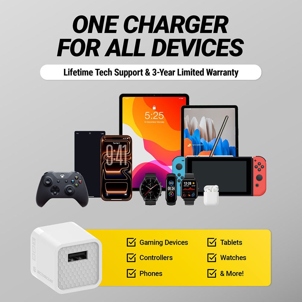 One charger for al devices Lifetime Tech support and 3-Year limited warranty. Gaming devices controllers phones tablets watches and more.