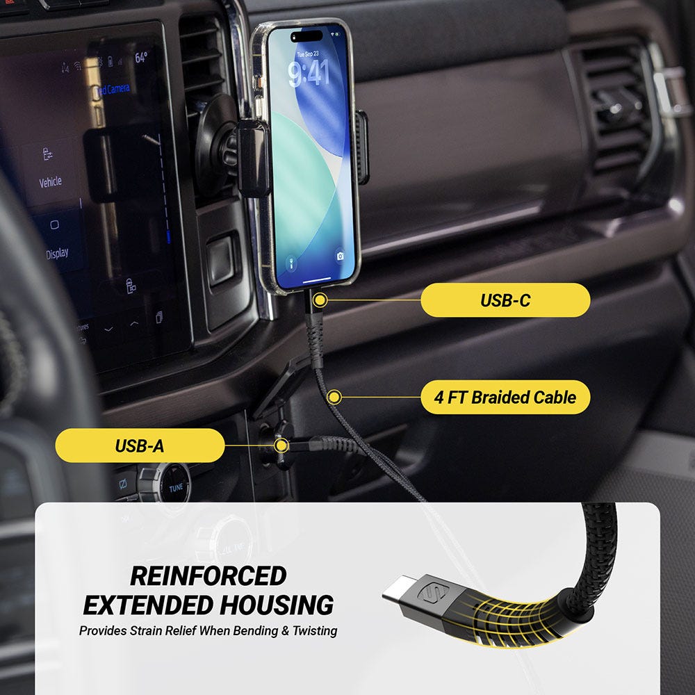 USB-C cable. USB-A port. 4 foot braided cable. Reinforced extended housing provides strain relief when bending and twisting.