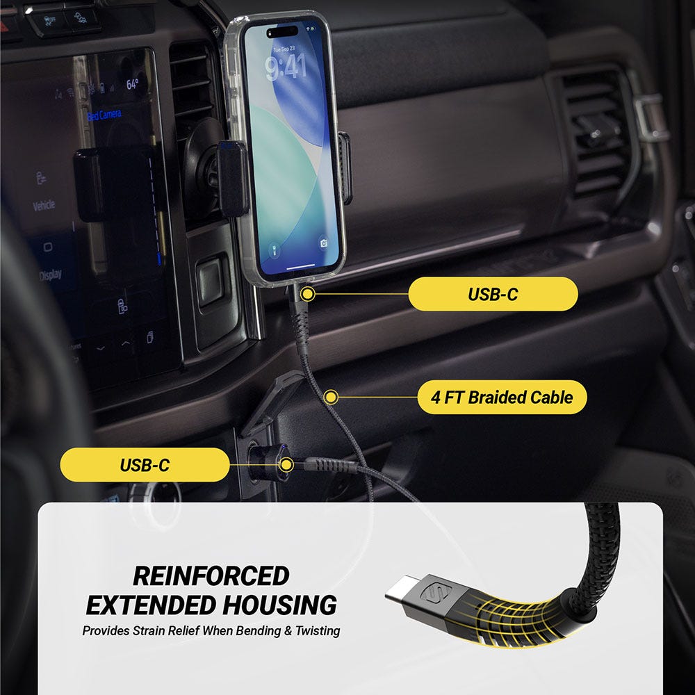 USB-C cable. USB-C port. 4 foot braided cable. Reinforced extended housing provides strain relief when bending and twisting.
