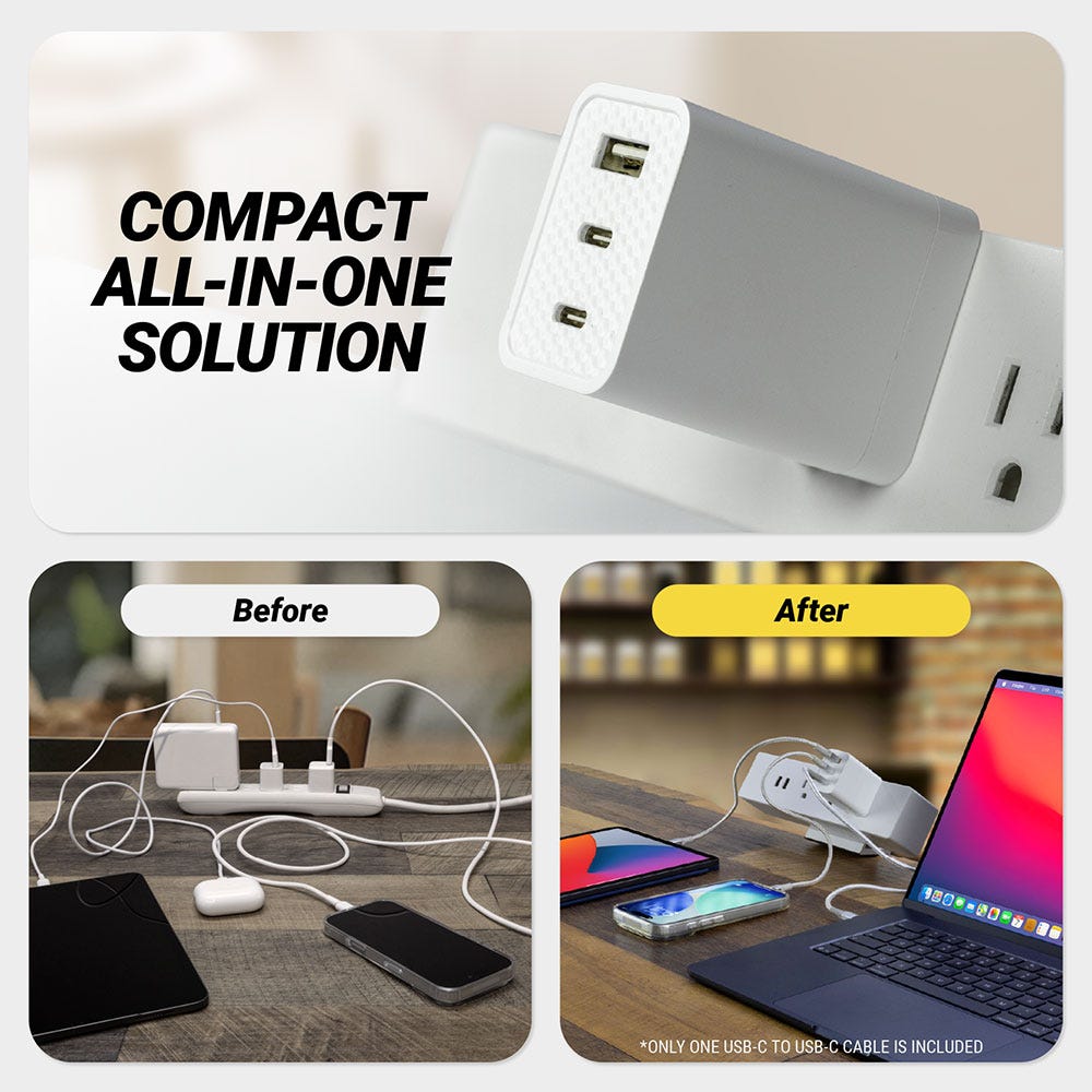 Compact all in one solution. Messy before and organized after. Only one USB-C cable is included.