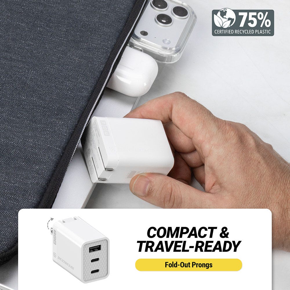 75% certified recycled plastic. Compact and travel ready. Fold out prongs.