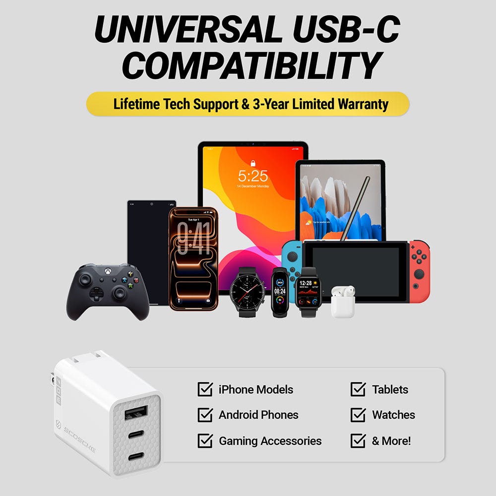 UNIVERSAL USB-C COMPATIBILITY Lifetime Tech Support & 3-Year Limited Warranty. iPhone Models Android Phones Gaming Accessories tablets watches and more.